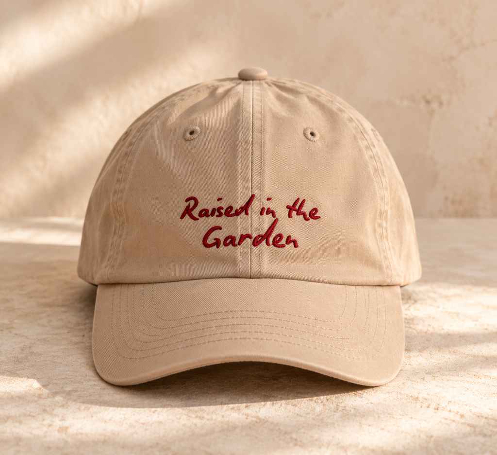 Raised in the Garden Kids Hat | Tan Embroidered Garden Cap