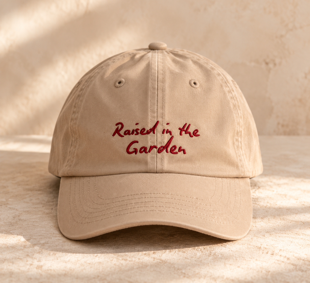 Raised in the Garden Kids Hat | Tan Embroidered Garden Cap