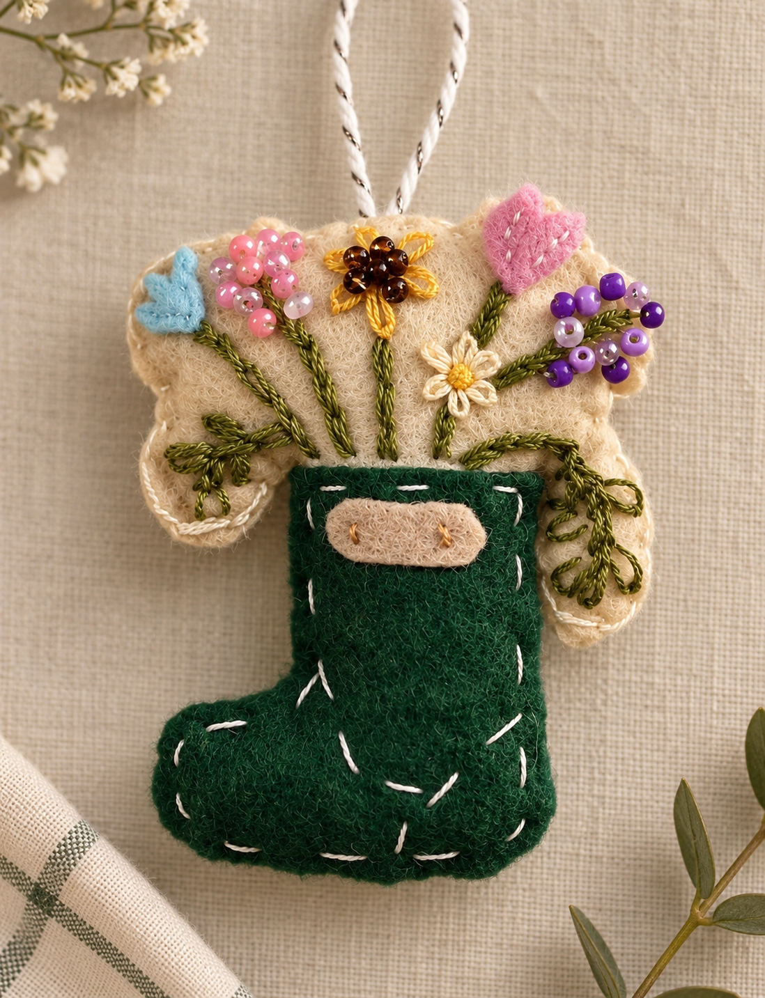 Garden Boot Felt Ornament | Hand-Embroidered Heirloom Ornament