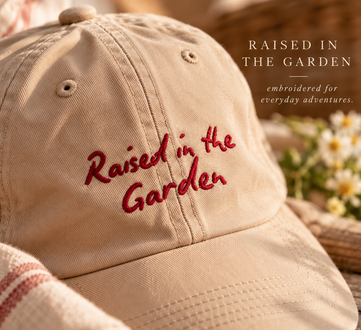 Raised in the Garden Kids Hat | Tan Embroidered Garden Cap