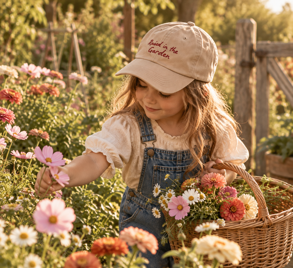 Raised in the Garden Kids Hat | Tan Embroidered Garden Cap