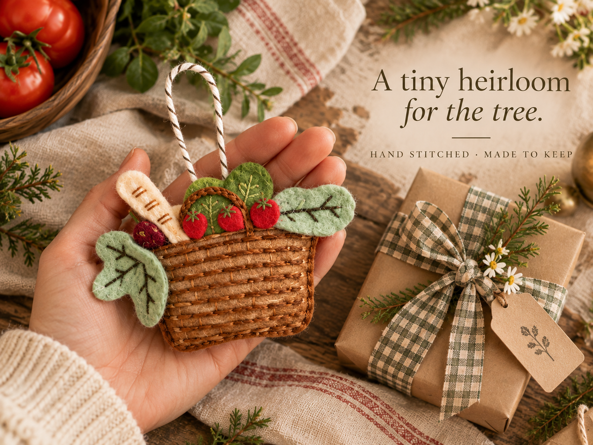 Farmer's Market Basket Felt Ornament | Hand-Embroidered Heirloom Ornament