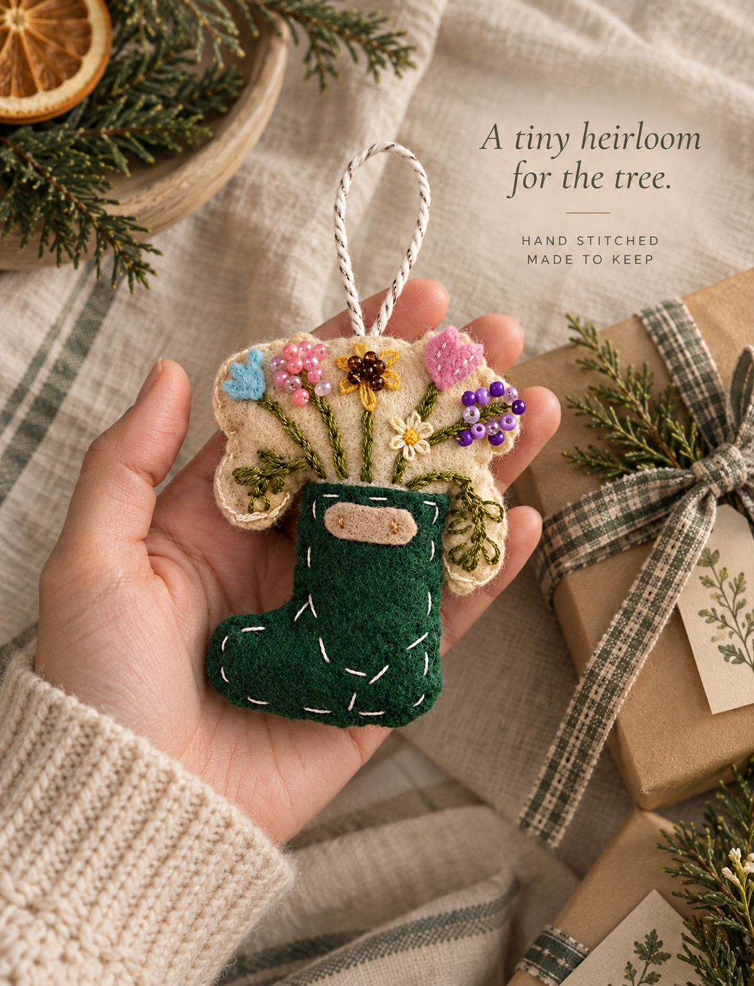 Garden Boot Felt Ornament | Hand-Embroidered Heirloom Ornament