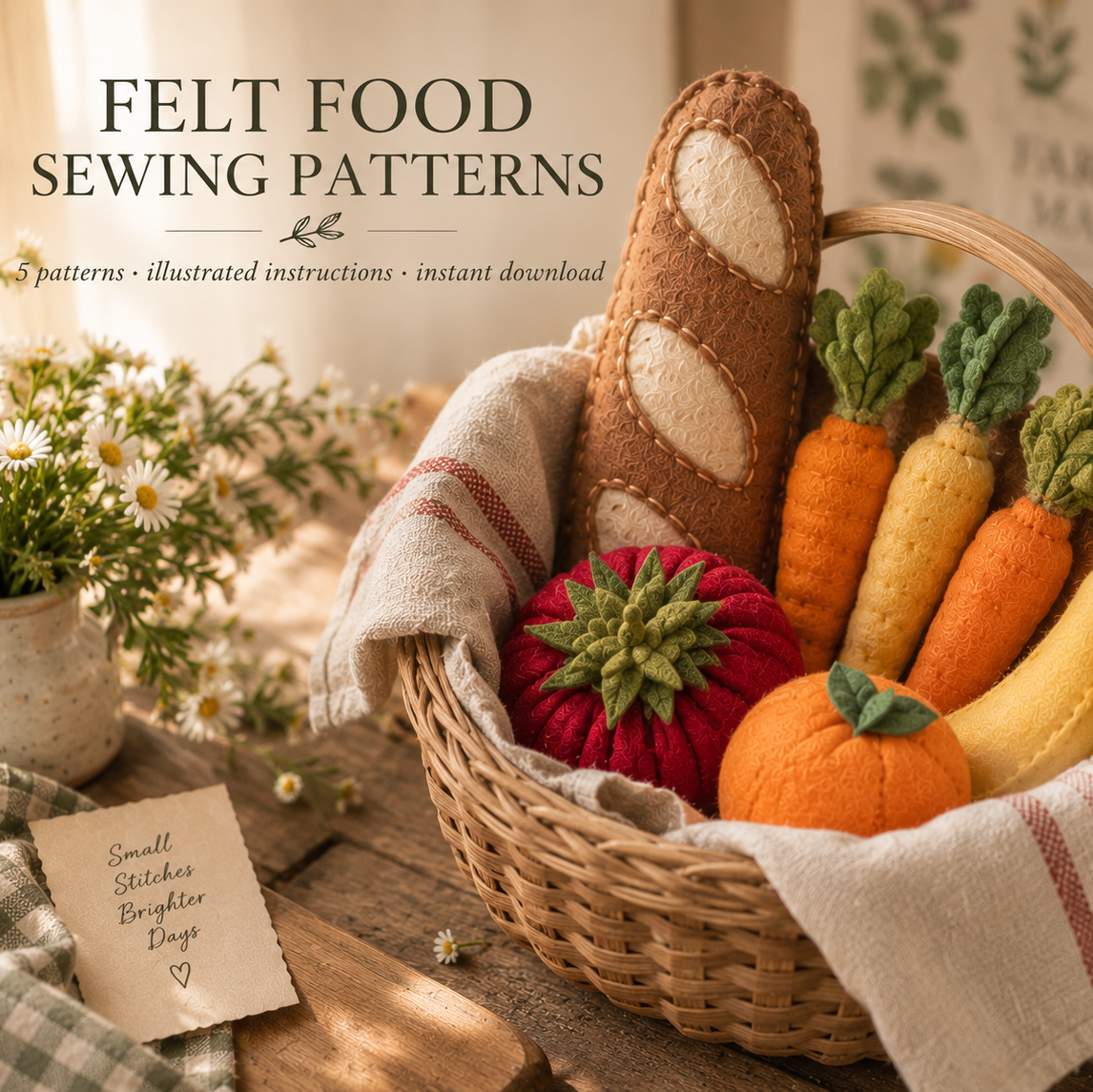 Woven basket filled with handmade felt bread, carrots, tomato, clementine, and banana, promoting five downloadable felt food sewing patterns with illustrated instructions.
