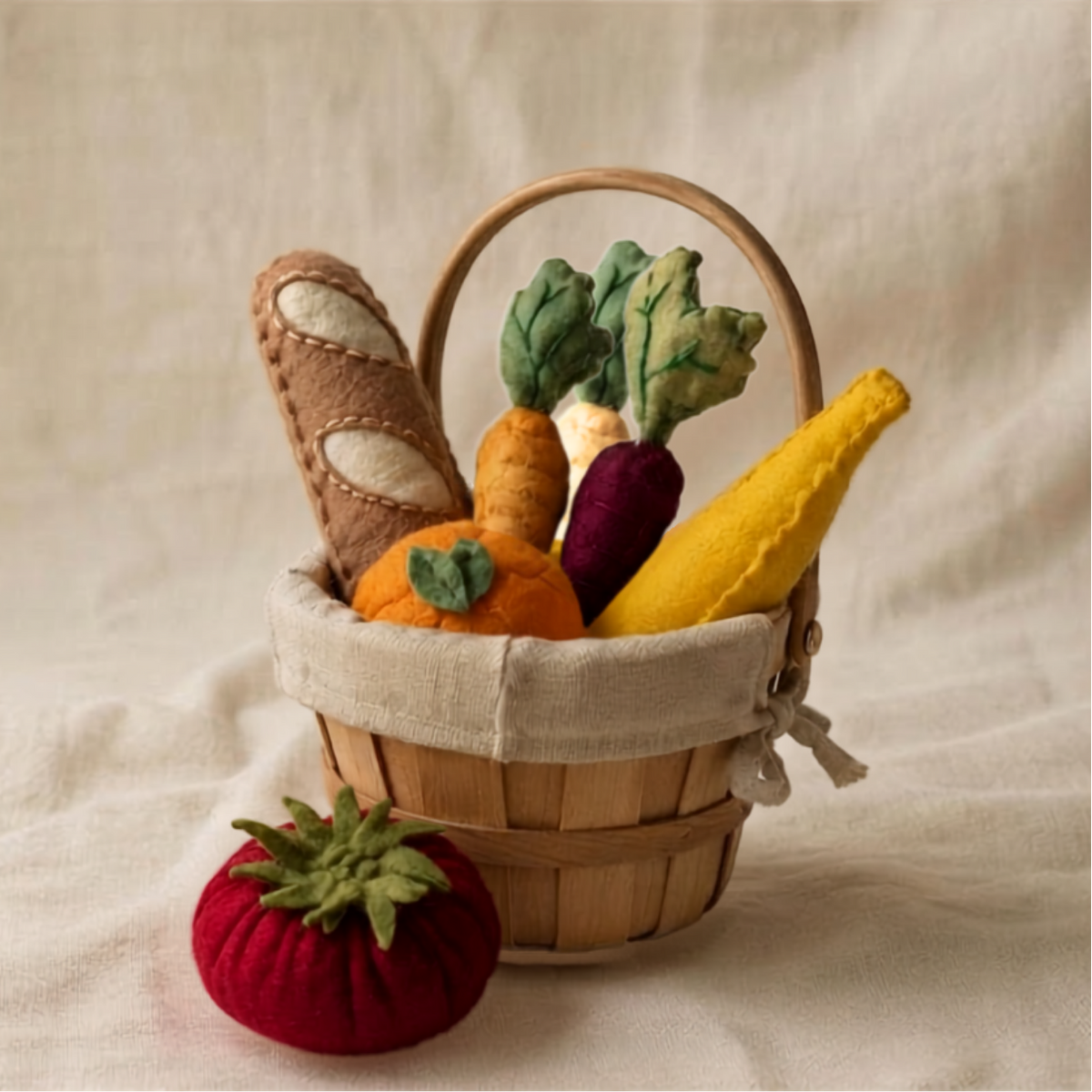 A small woven basket filled with felt fabric vegetables and bread, including a banana, baby rainbow carrots, orange, tomato and a loaf of bread, styled on a draped cream fabric background with a red tomato in front.