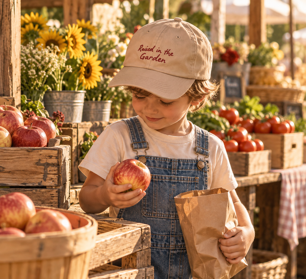 Raised in the Garden Kids Hat | Tan Embroidered Garden Cap
