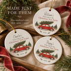 Custom name Christmas tree farm ornaments personalized with child's name and year