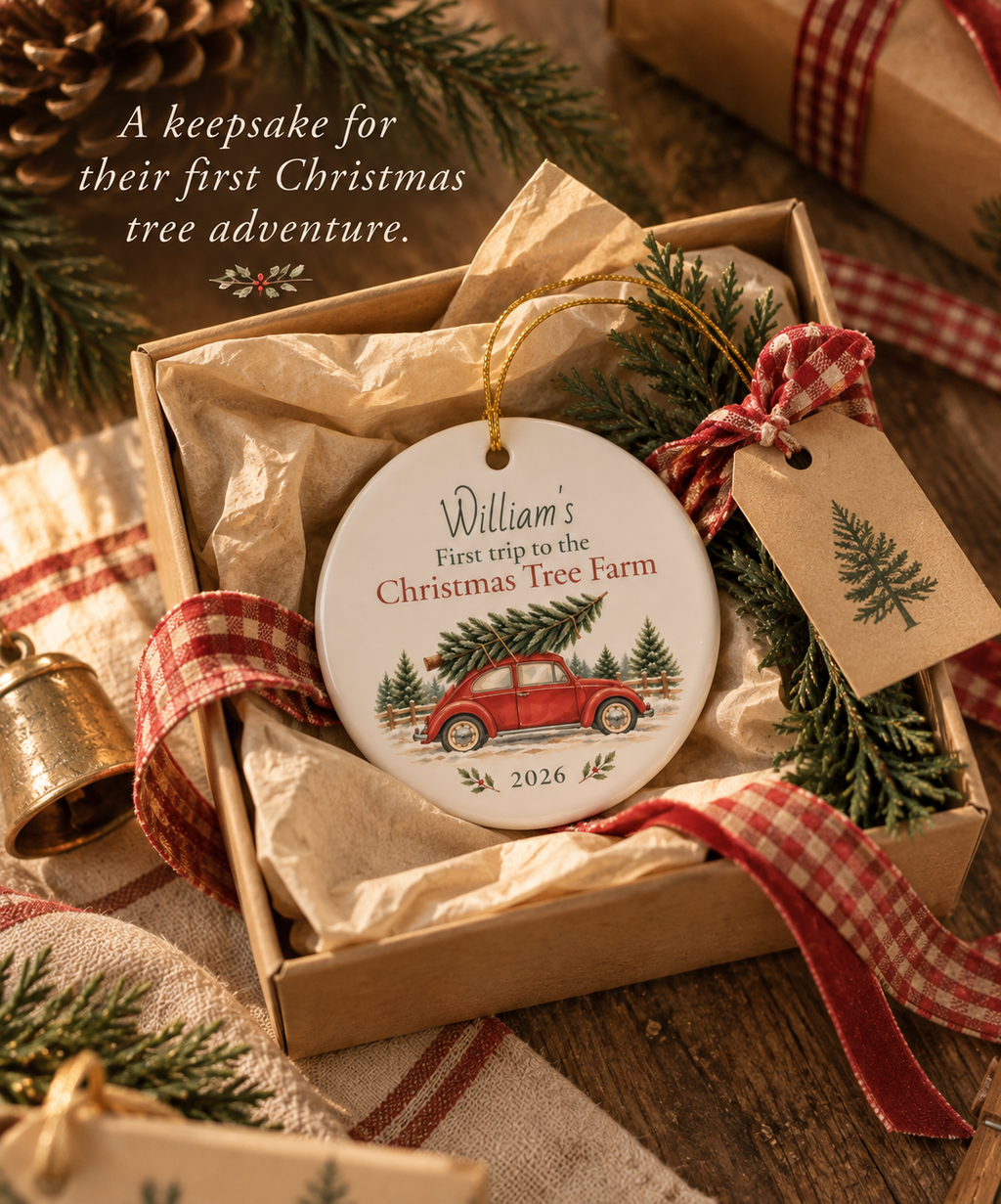 Personalized Christmas tree farm ornament styled as a holiday keepsake gift