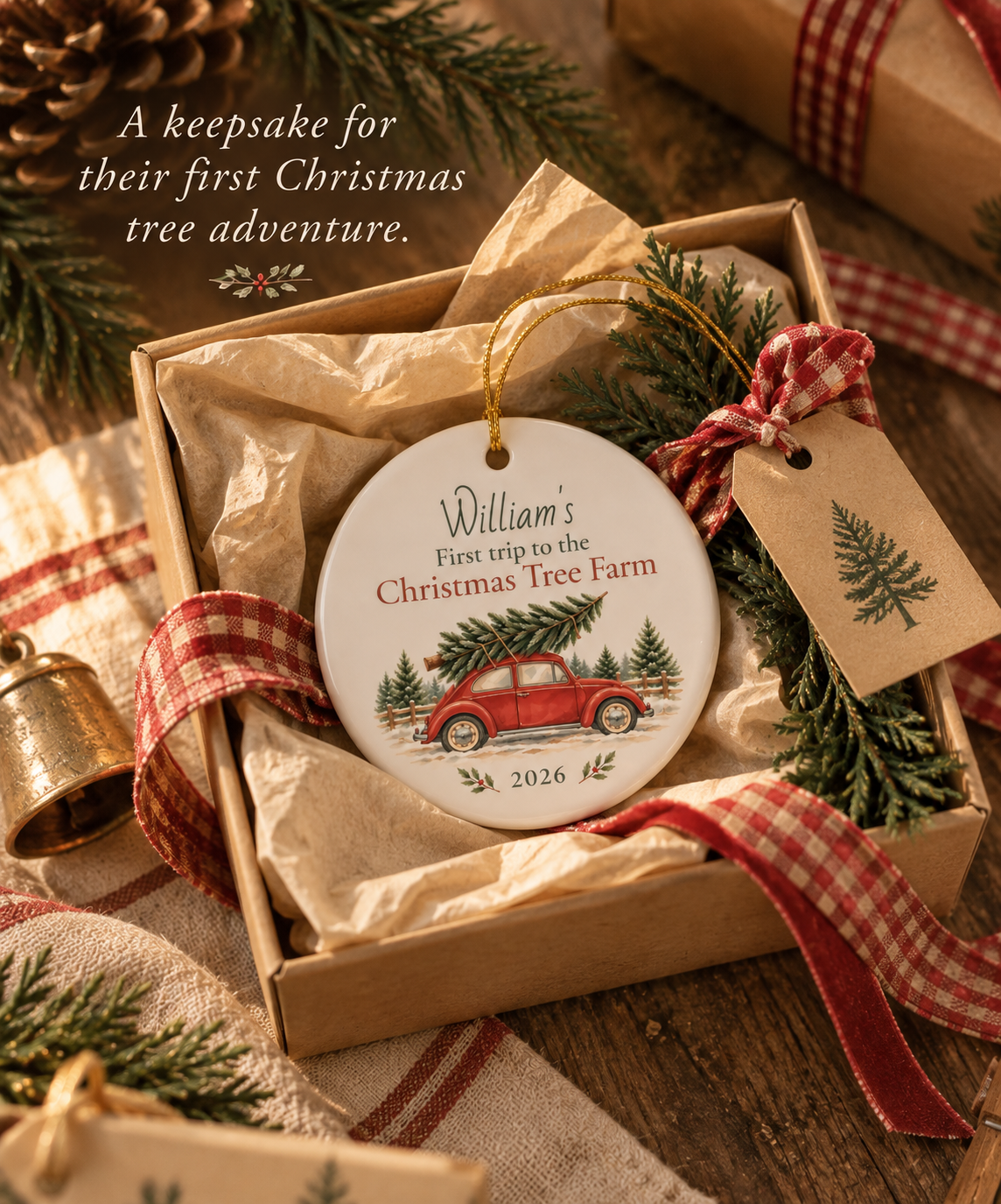 Personalized Christmas tree farm ornament styled as a holiday keepsake gift
