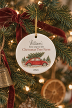 Personalized Christmas tree farm ornament with child's name, year and watercolor red car
