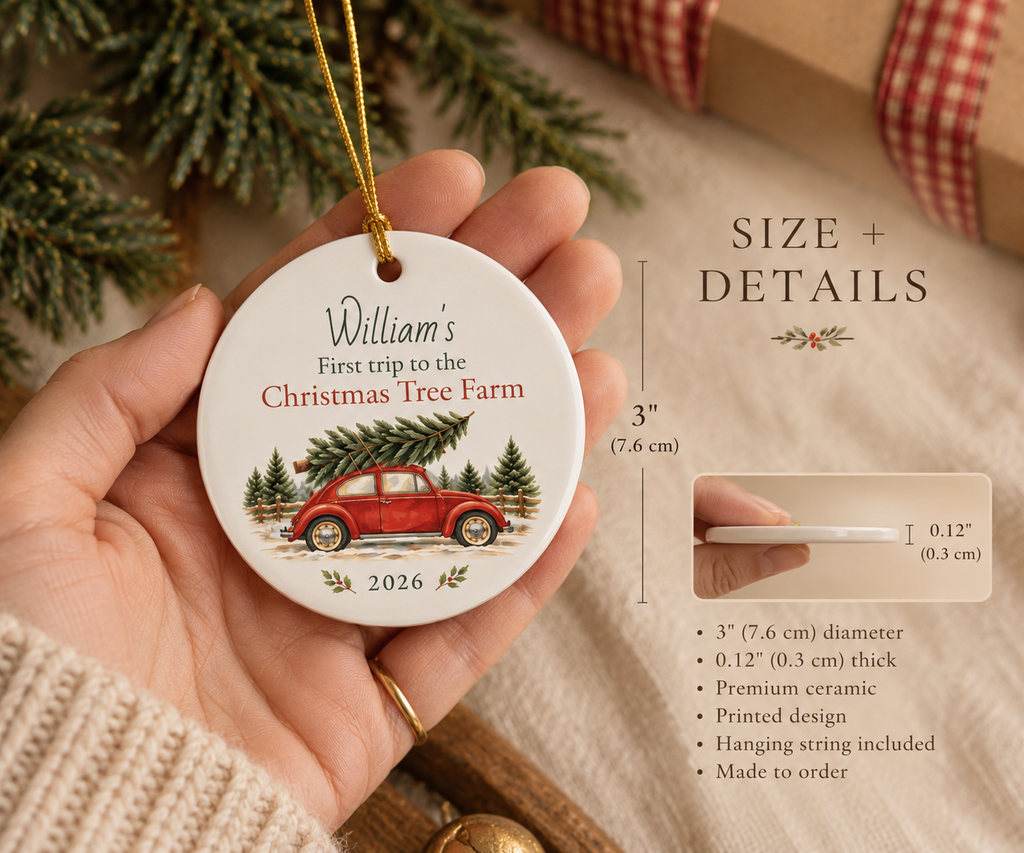 Personalized ceramic Christmas ornament shown in hand for size and scale