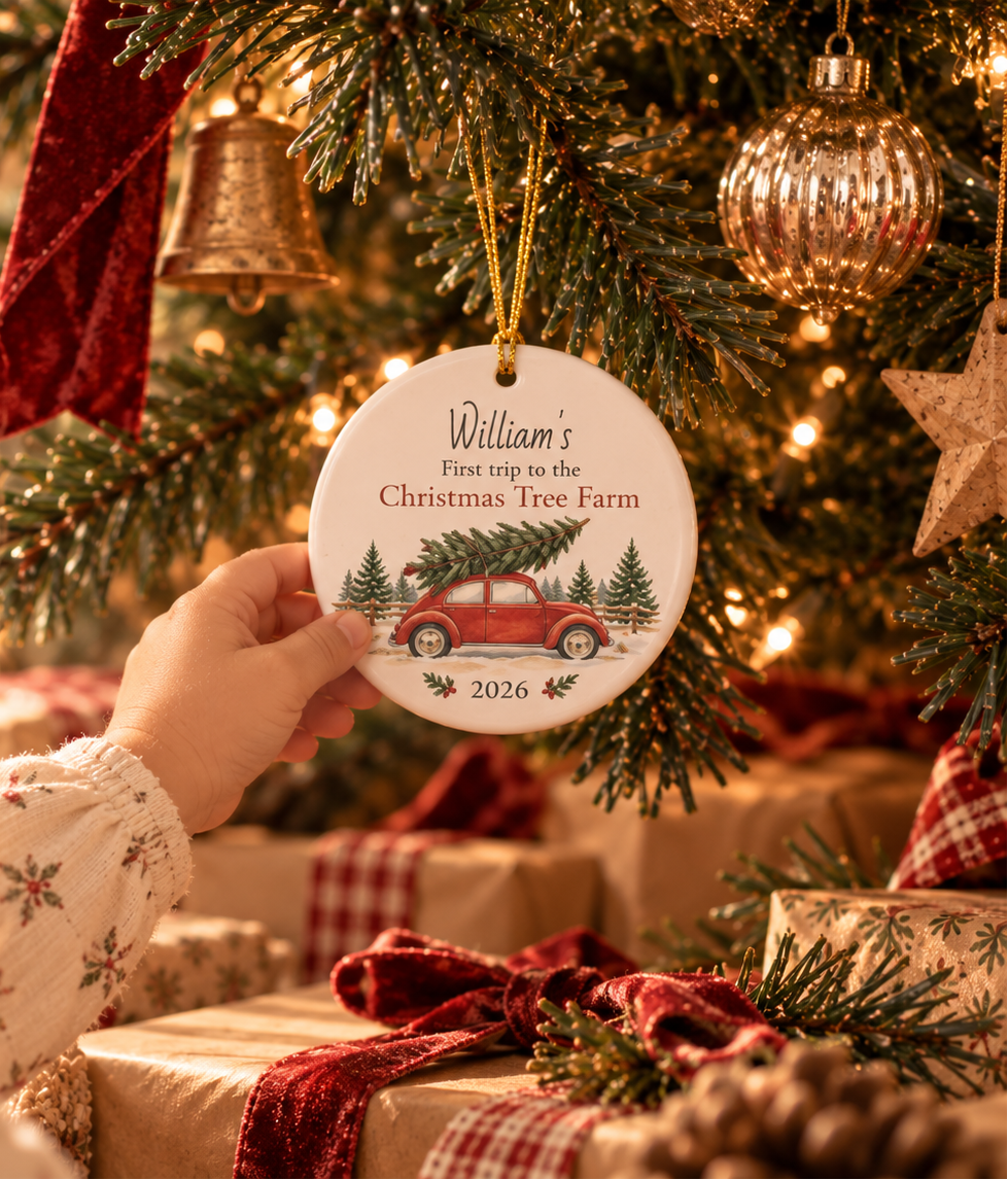 Personalized Christmas tree farm ornament hanging above wrapped Christmas gifts