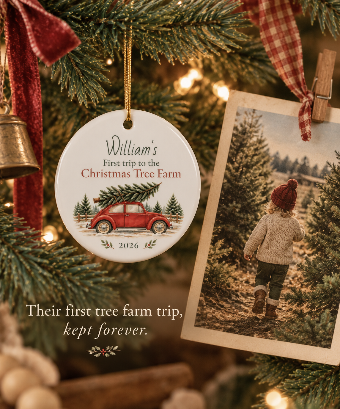 Personalized first Christmas tree farm keepsake ornament hanging on Christmas tree