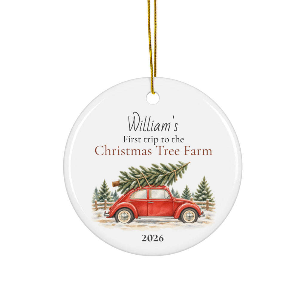 Personalized ceramic Christmas ornament featuring a red car carrying a Christmas tree