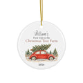 Personalized ceramic Christmas ornament featuring a red car carrying a Christmas tree