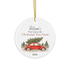 Personalized ceramic Christmas ornament featuring a red car carrying a Christmas tree
