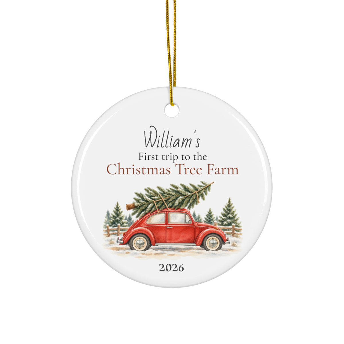 Personalized ceramic Christmas ornament featuring a red car carrying a Christmas tree