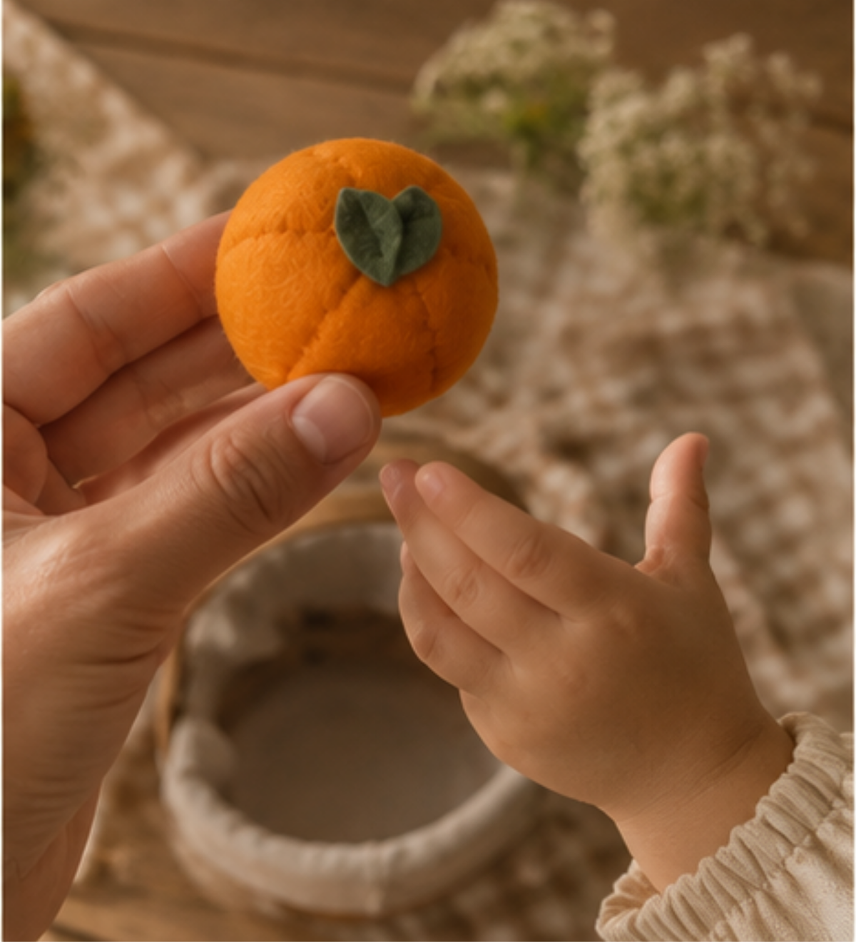 A small orange-shaped felt ornament with two green leaves is held between an adult hand and a child's hand in a warm, softly blurred setting.
