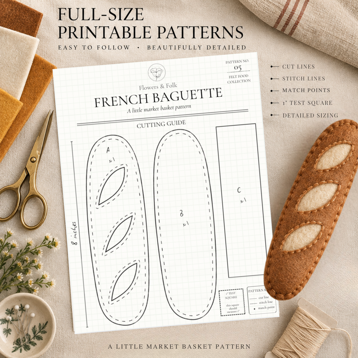 A printable French baguette cutting guide pattern sheet displayed on a styled flat-lay background with sewing scissors, fabric, thread, and a finished baguette.