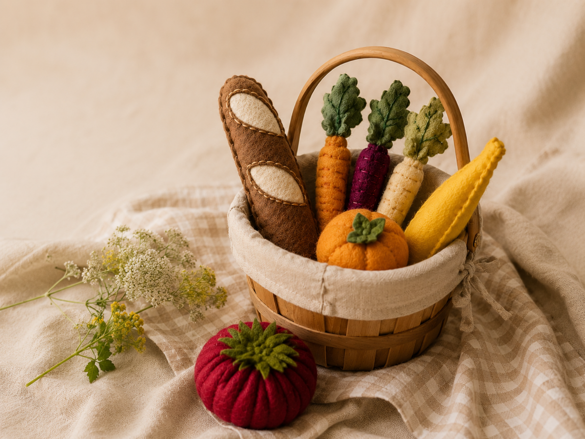 A woven wooden basket filled with autumn-themed felt toys, including a loaf of bread, carrots, banana, orange, and tomato, styled on a beige checkered cloth with a red felt tomato in the foreground.
